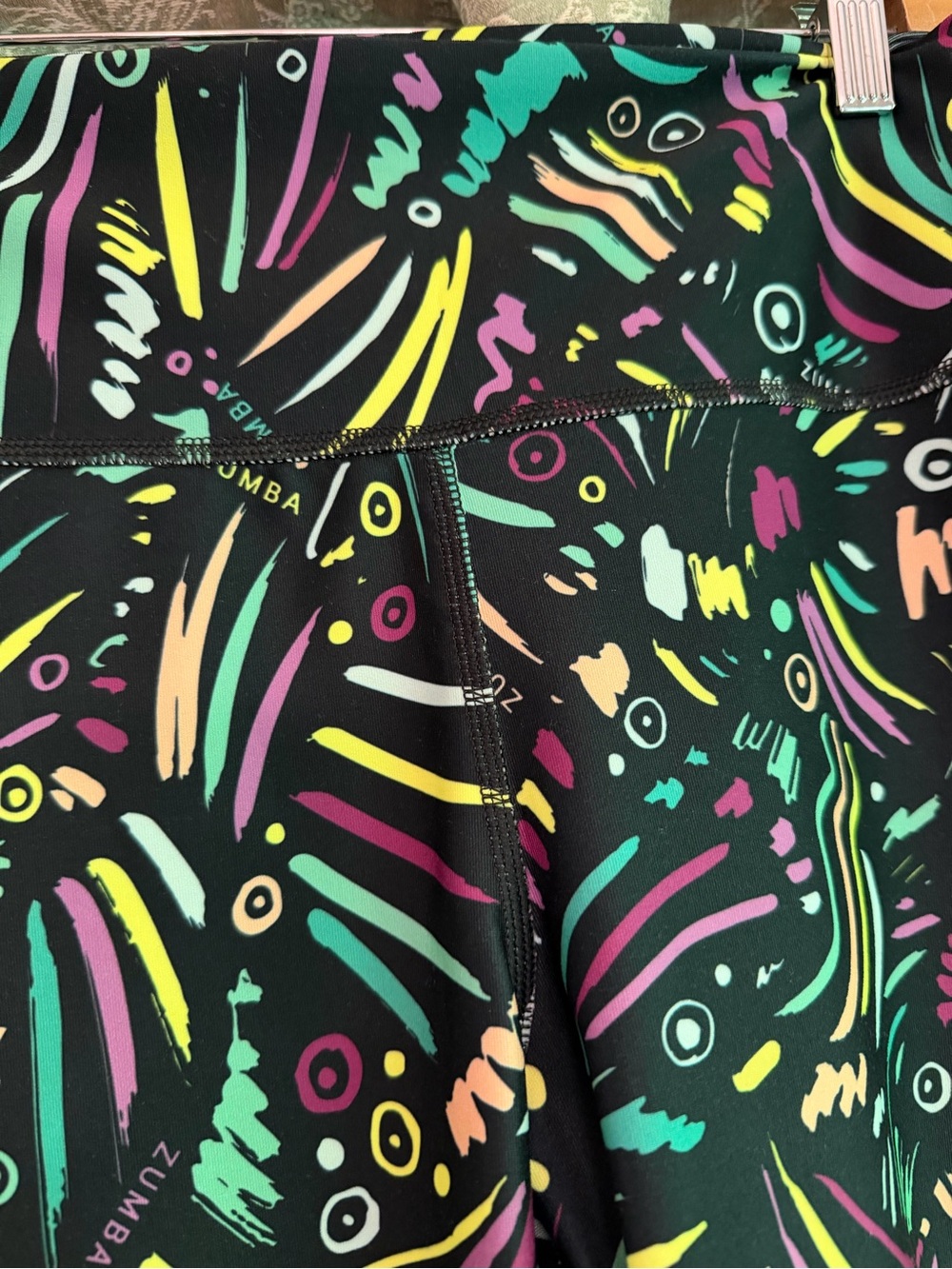 Zumba Fitness Black Leggings with Neon Multicolor Abstract Print - Picture 2 of 4
